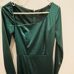 Emerald Green Satin Long Sleeve Maxi Dress